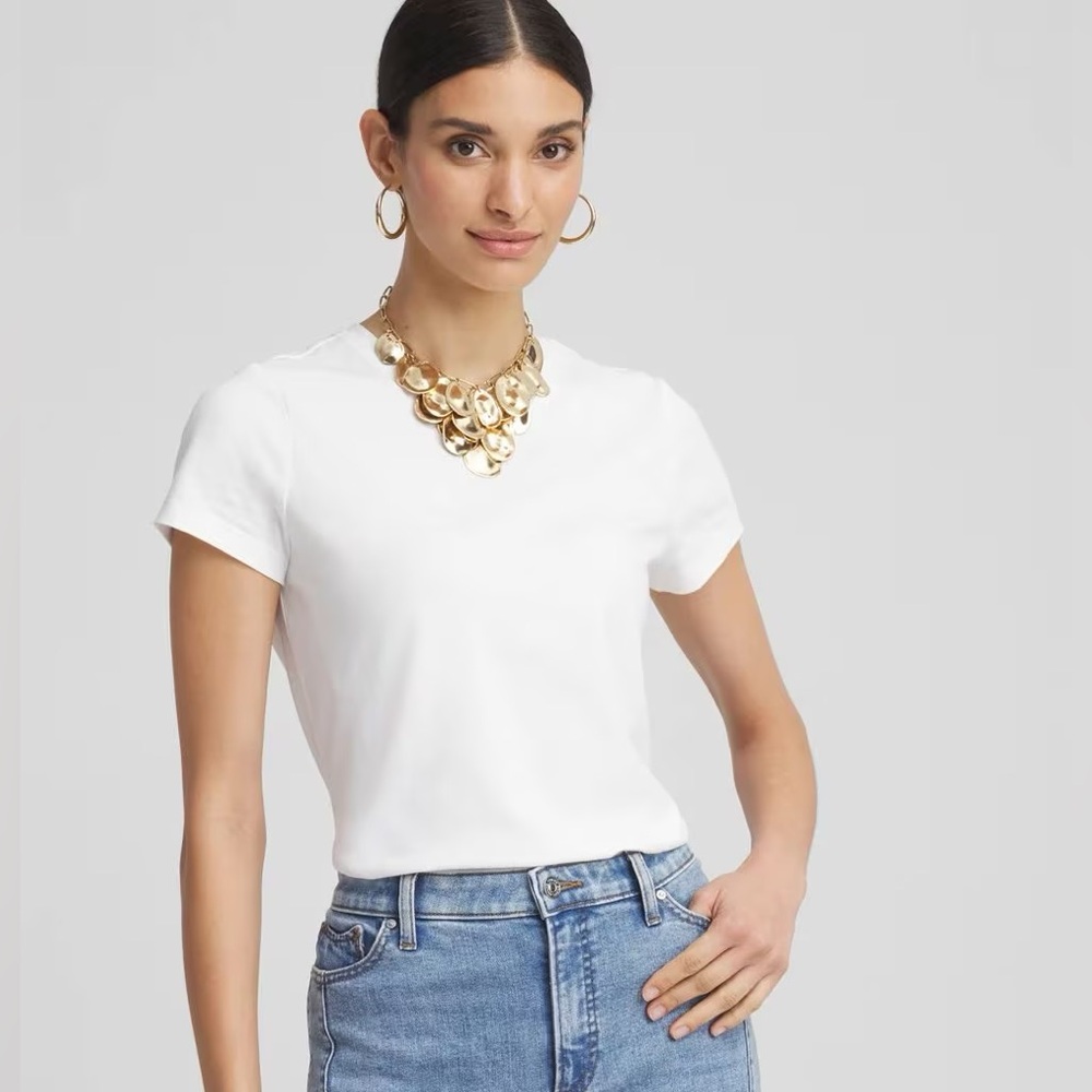 NWT Chicos Cotton Spandex Blend Perfect Cap Sleeve Basic Top in White Size 2
